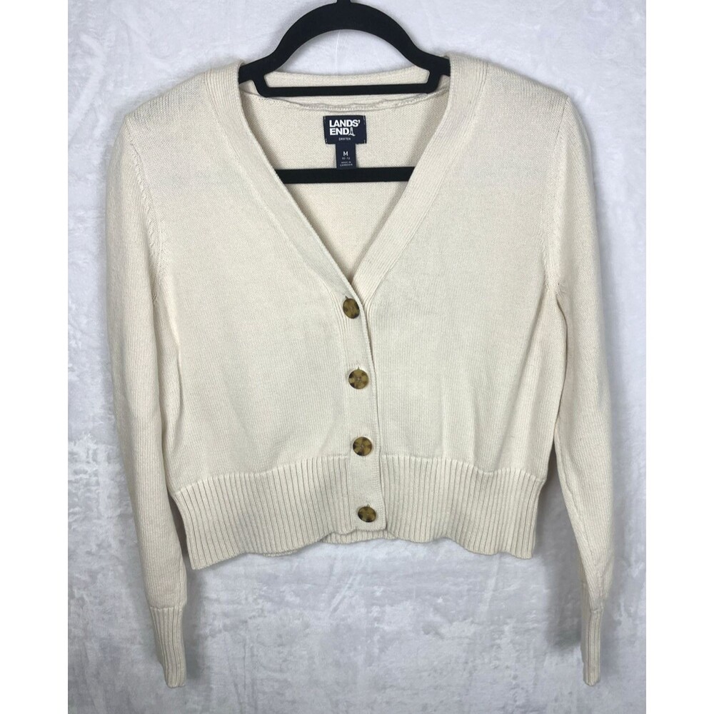 Lands' End Women's Drifter Cardigan Sweater Ivory Size Medium 10-12